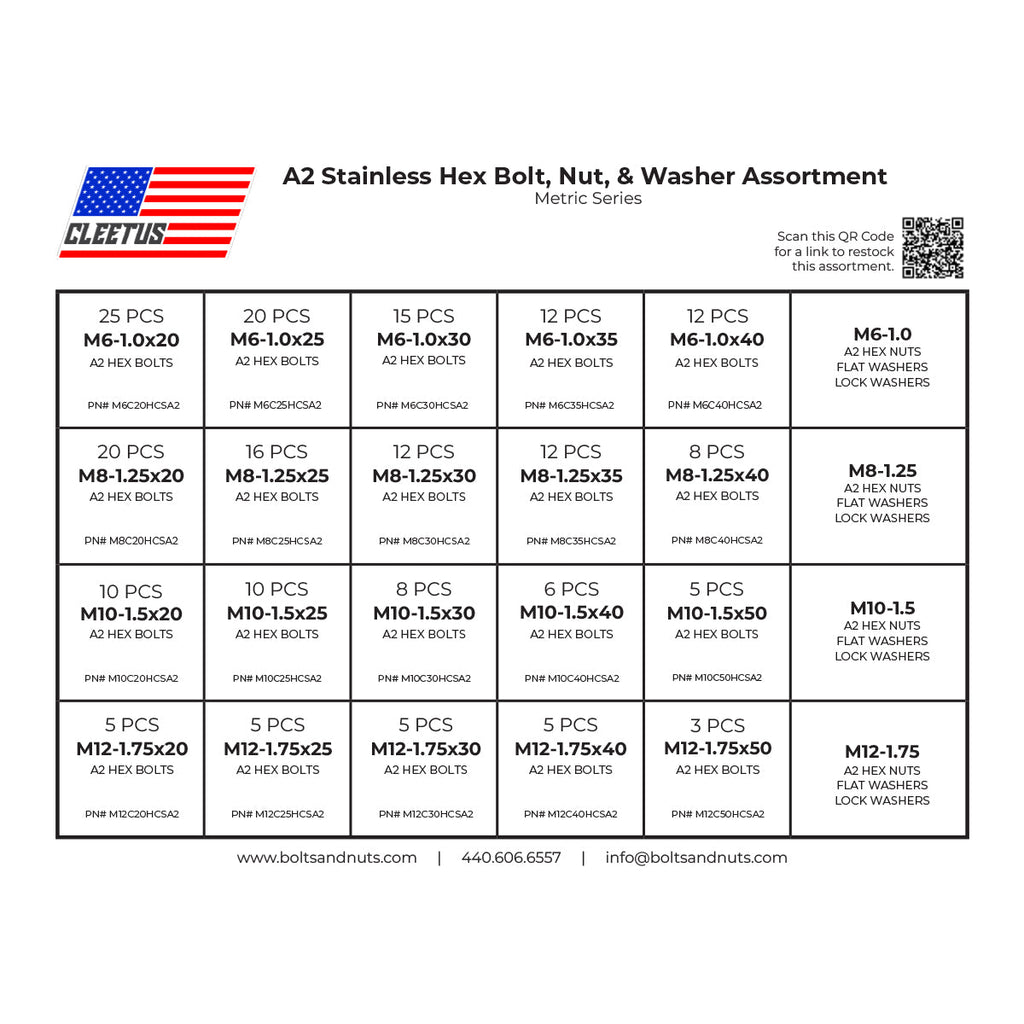 Metric Stainless Hex Bolt, Nut & Washer Assortment - 600 Piece